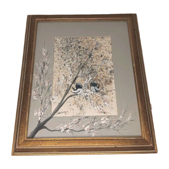 Painting Black & White Birds On Tree Branch Extending To Matt Signed Smethers - Picture 3 of 16